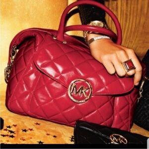 Michael Kors Fulton Red Quilted Leather Satchel Bag Top Handle Crossbody Holiday